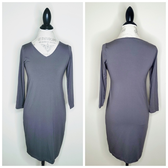 Eileen Fisher | Gray V Neck Viscose Jersey Dress - Picture 3 of 8